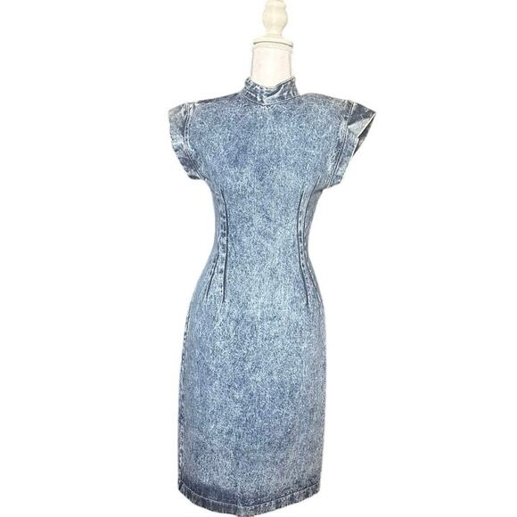 Vintage Paris Blues 90s Stonewashed Mock Neck Bodycon Backless Midi Dress - Picture 1 of 12